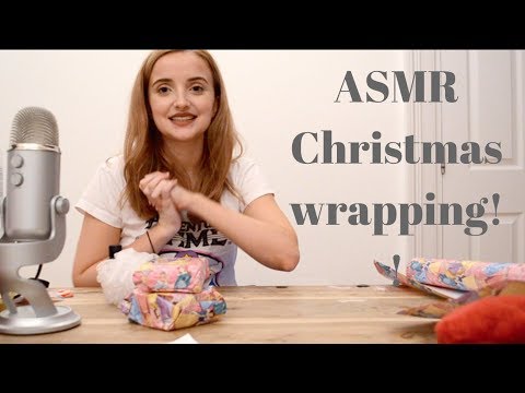 ASMR christmas present wrapping crinkle and crunshing sounds (binalural whispering)