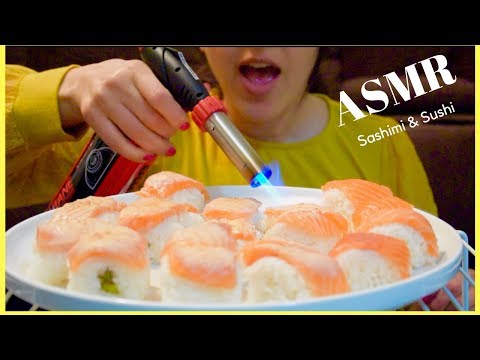 ASMR SALMON SASHIMI + SUSHI ROLL  EATING | Heating Up Sushi Roll with Flame Torch