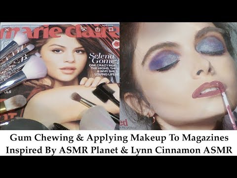 ASMR  Applying Makeup To Magazines & Gum Chewing (SELENA GOMEZ).  Whispered