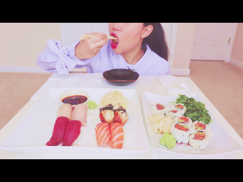 ASMR Eating Nigiri SUSHI, Spicy Tuna Roll & Seaweed Salad 초밥 리얼사운드 먹방