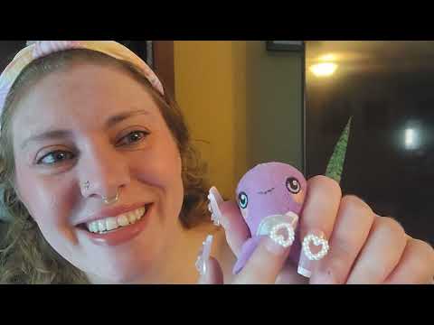 ASMR Whispers Stuffed Animal Show and Tell, Lipgloss Application, Check In with Kawaii Nails