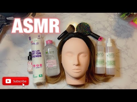 ASMR| Removing makeup from mannequin head| Whispering, Tapping, brushing, liquid sounds & crinkles