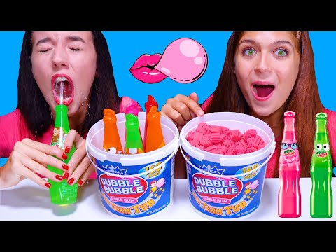 ASMR DOUBBLE BUBBLE GUM FOOD CHALLENGE (TWIST AND DRINK, SOUR CANDY SPRAY, GUMMY RACE)