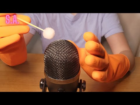 Asmr | CLOSE UPS Orange Rubber Gloves & Ear Brush on Mic Sound (NO TALKING)