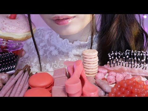 ASMR EDIBLE PINK SPOONS, HAIR BRUSH, POPPING BOBA, BUBBLE TEA, MOST POPULAR FOODS Eating Sounds 먹방