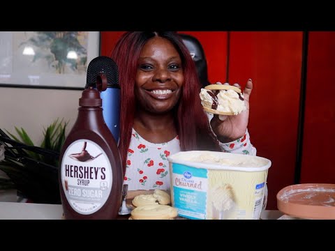 HERSHEY CHOCOLATE SYRUP SHORTBREAD VANILLA ICE CREAM COOKIE ASMR EATING SOUNDS