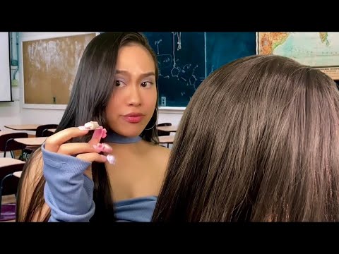 ASMR Toxic Mean Girl in Back of Class Plays With Your Hair (scalp scratching,hair play, gum chewing)