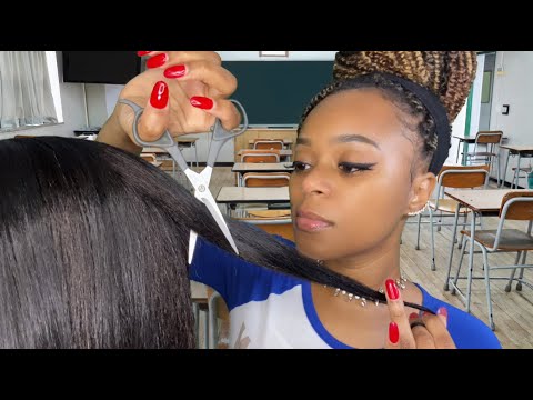 ASMR | 🎒Toxic Girl In Class Plays With Your Hair + Gives You A Bad Haircut | Gossip | Gum Chewing