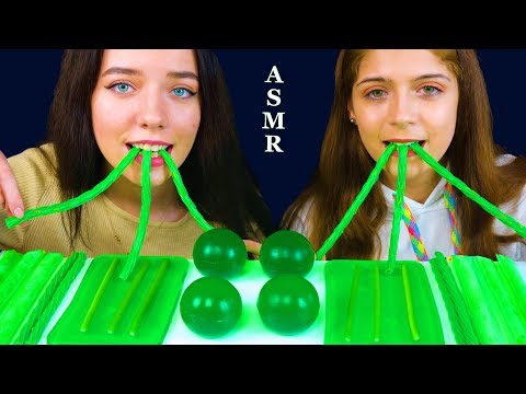 ASMR MOST POPULAR GREEN FOOD JELLY BALLS, SHEET JELLY, GUMMY TWIZZLERS, FROZEN POPS 먹방