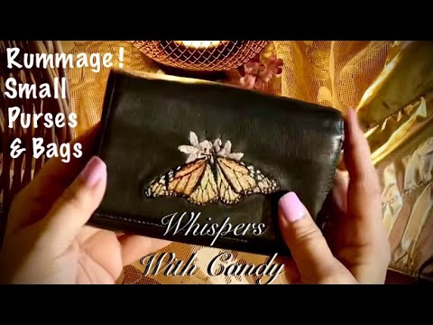ASMR Small purse/bag rummage (Whispered w/candy) Heavy plastic/vinyl crinkles. Surprise in each bag.