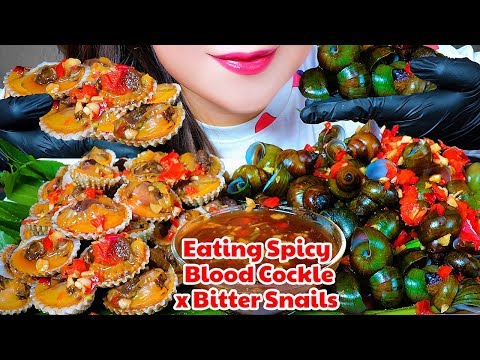 ASMR COOKING SPICY BLOOD COCKLE AND BITTER SNAILS EATING SOUND | LINH-ASMR