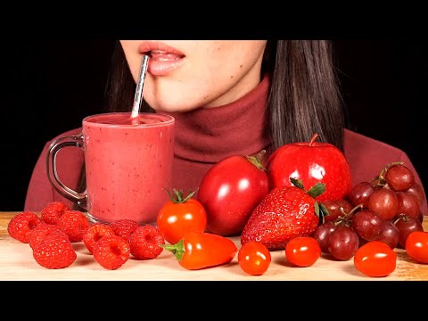 ASMR Red Food 🍓 Berries, Cherry Smoothie, Grapes, Tomatoes (Mostly No Talking)