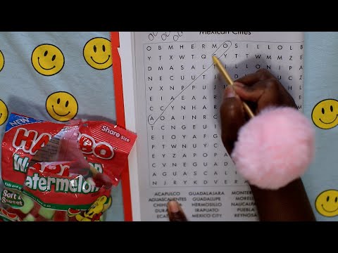 Haribo Watermelon Gummy ASMR Eating Sounds | Mexican Cities Word Search Puzzle