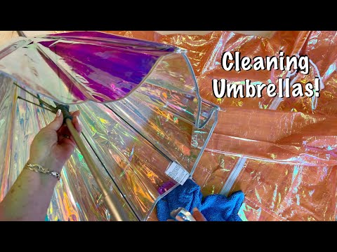 ASMR Cleaning heavy plastic! (No talking) New umbrella’s need wiping down. Spray bottle.
