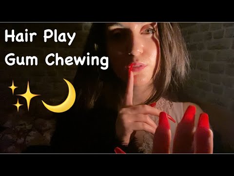 Dark ASMR For Your Eyes ❤️ (gum chewing, hair play, whispers)