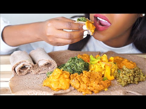 ASMR ETHIOPIAN FOOD MUKBANG (Injera, Yemisir Wot, Tikile Gomen, Shiro, Vegie Combo) *No Talking