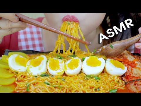 ASMR Mukbang eating orange Samyang spicy noodles with soft eggs , eating sounds | LINH-ASMR