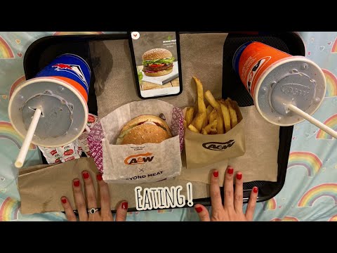ASMR Eating Burger ( A & W Burger Veggie) (Whisper Crinkles Eating) and Drinking Sounds