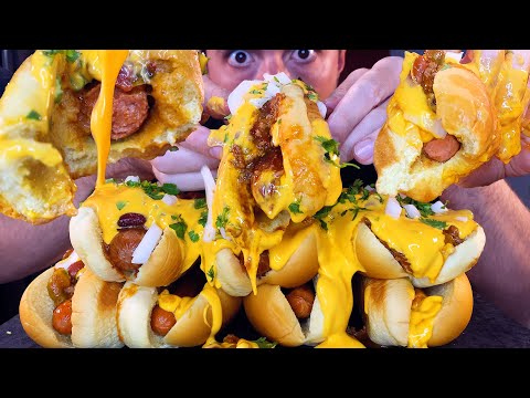 Chili CHEESE Hot Dog Party !! Messy ASMR Eating !
