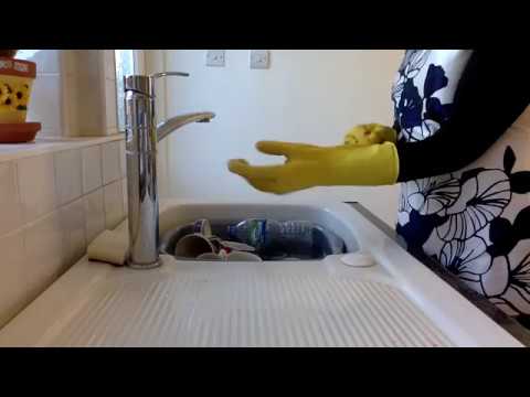 ASMR Mummy Washes the Dishes in Yellow Rubber Gloves (side view)