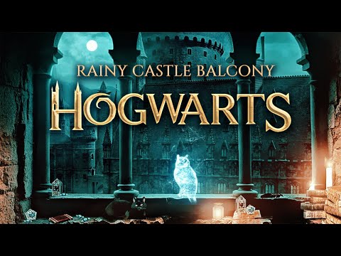 Rainy Castle Balcony ✨ Hogwarts inspired Ambience | Relaxing Night Rain + Magic, Cat & Patronus