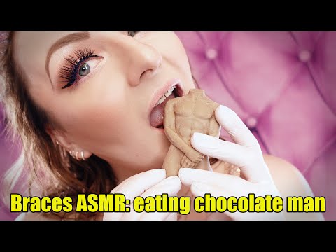 ASMR eating food video - girl with braces eating chocolate man