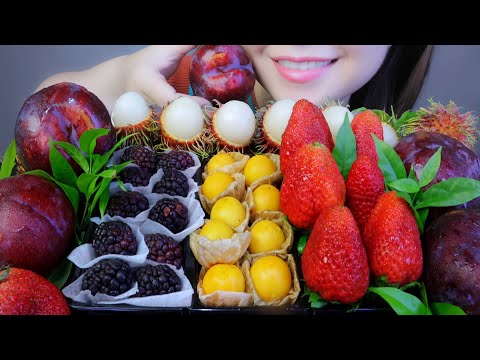 ASMR EATING FRUITS PLATTER  raspberry,golden berry,plum ,mulberry , rambutan) | LINH-ASMR