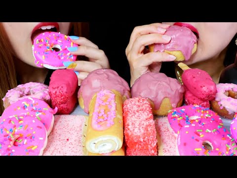 ASMR PINK MARSHMALLOW DONUTS, CAKE BARS, RUBY CHOCOLATE CREAM PUFFS, CAKES) 리얼사운드 먹방 | Kim&Liz ASMR