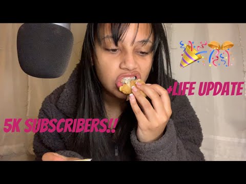 ASMR:|| 5K CELEBRATION + WHISPERED RAMBLES || (mukbang- chicken strips, fries, and hush puppies)