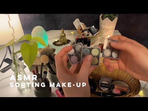 ASMR Sorting Makeup | rummaging, organising, close up, breathy whispers, hand movements :)