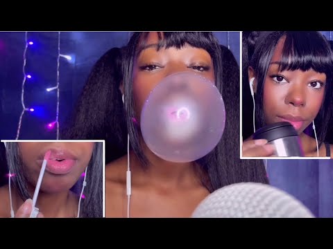 ASMR| Bubblegum chewing & blowing🫧 lipgloss & mouth sounds🫦 whispered chitchat