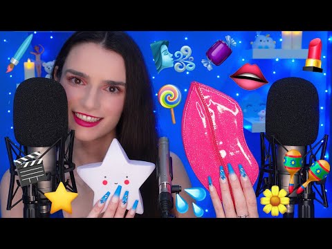 ASMR EMOJI CHALLENGE with 3 MICS ⭐ Whispering , Scratching , Tapping , Mouth Sounds ,Mic Blowing etc