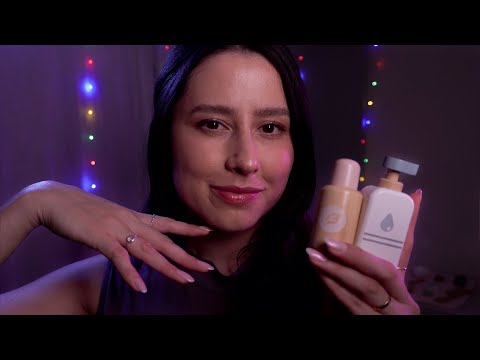ASMR Relaxing wooden skincare for sleep  🌧  face touching, mouth sounds, comb, personal attention