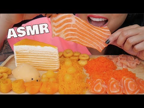 ASMR ORANGE CREPE CAKE + SALMON SASHIMI + THAI DELICATE DESSERT + MOCHI (EATING SOUNDS) | SAS-ASMR