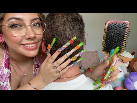 ASMR Head scratches WITH LONG NAILS & hair brushing personal attention on my boyfriend💜 | Whispered