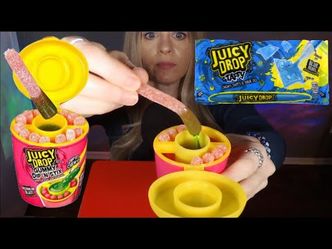 ASMR Trying Juicy Drop Gummy Dip N' Stix & Juicy Drop Taffy With Candy Pen | Whispered Taste Test
