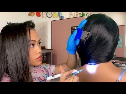 ASMR School Nurse Lice Scalp Check, Scratching, Plucking + Back Exam, Injection, Tracing,gum chewing