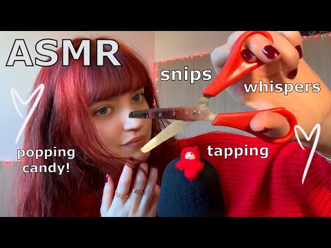 ASMR ~ Red Triggers! (snips, popping candy, tapping, tap scratching, whispers)