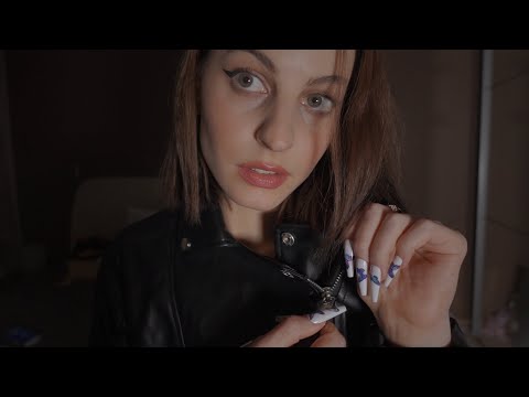 ASMR Leather Jacket zipper sounds + fabric sounds + whispers