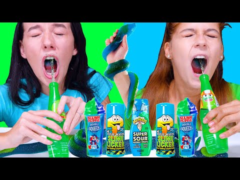 ASMR Blue VS Green Food Color Challenge (Giant Gummy Snake, Super Sour Candy, SLime Licker)