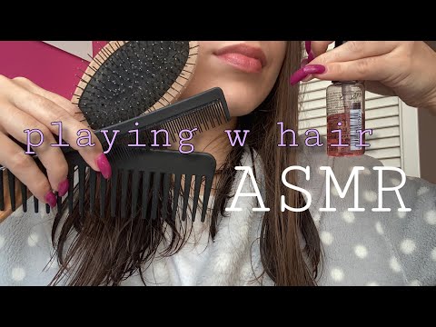 ASMR | Playing with my wet HAIR 💆🏽‍♀️✨ (brushing, combing, tapping, spraying, lotion sounds)