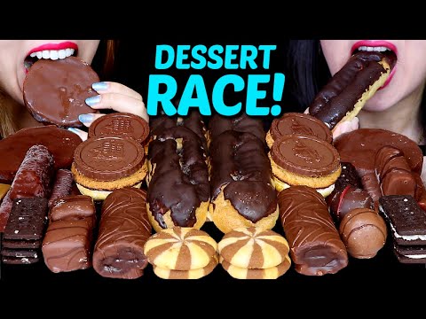 ASMR LEFTOVER DESSERT RACE! GIANT CHOCOLATE ECLAIRS, BAKED MARSHMALLOW, MINI ICE CREAM, CHOCO CAKE먹방