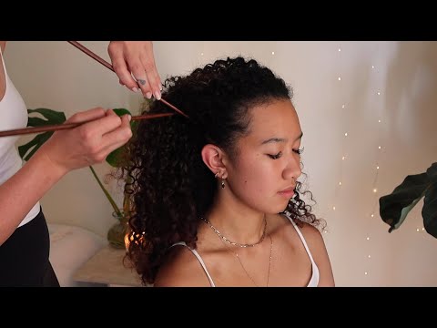 ASMR scalp inspection, head scratches and massage on Bella (whisper, real person)