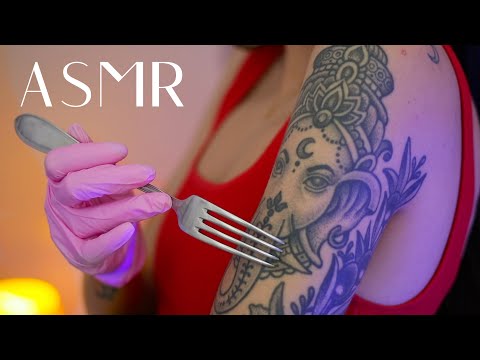 ASMR Tattoo Tracing with Kitchen Utensils & Medical Gloves (Fork, Pastry Brush, Spoolie)