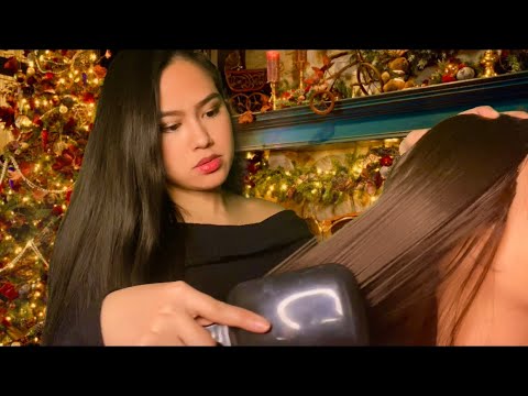 ASMR: Hair Brushing with Fireplace Sounds | Gum Chewing | Gum Snapping | No Talking