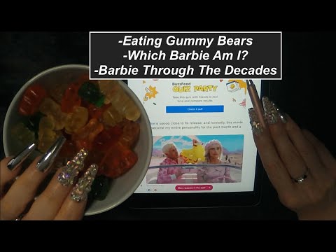 ASMR Gummy Bear Eating | Which Barbie Am I Quiz  & Barbie Through The Decades | Whispered iPad Video