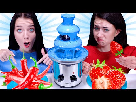 ASMR Blue Chocolate Fountain Fondue VS Red Food Challenge By LiLiBu