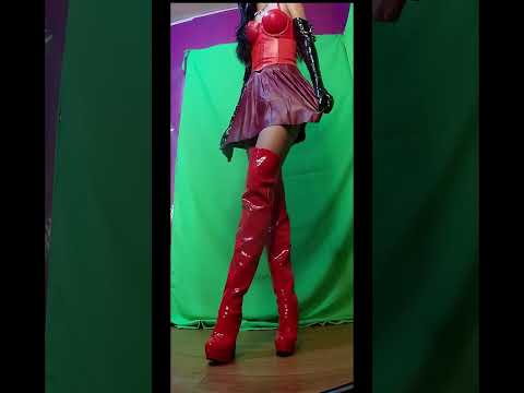 GIANTESS Ignores You while She Model Her RED PVC/Leather Outfit (Boots, Gloves, Corsets)