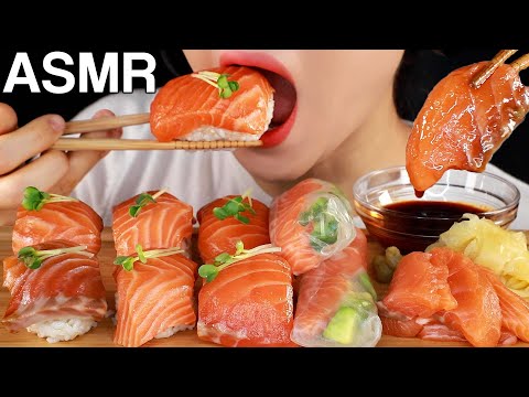 ASMR Giant Salmon Sushi Sashimi Warps 대왕 연어초밥, 연어회, 연어쌈 먹방 Mukbang Eating Sounds