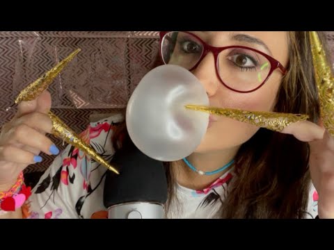 🦋 ASMR GUM Chewing Blowing Popping with my CLAWS (hand movements, finger flutters, mic scratching)